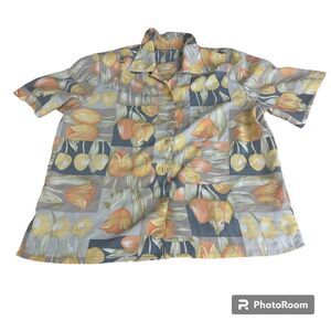 VINTAGE Grey and Yellow Tulip Women's Collared Button Down Shoulder Padded Top